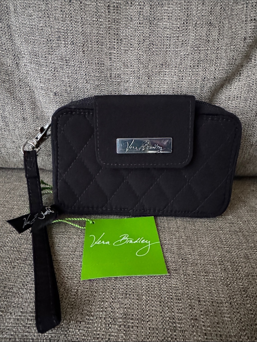 Vera Bradley Black Quilted Wristlet with Silver Logo Plate